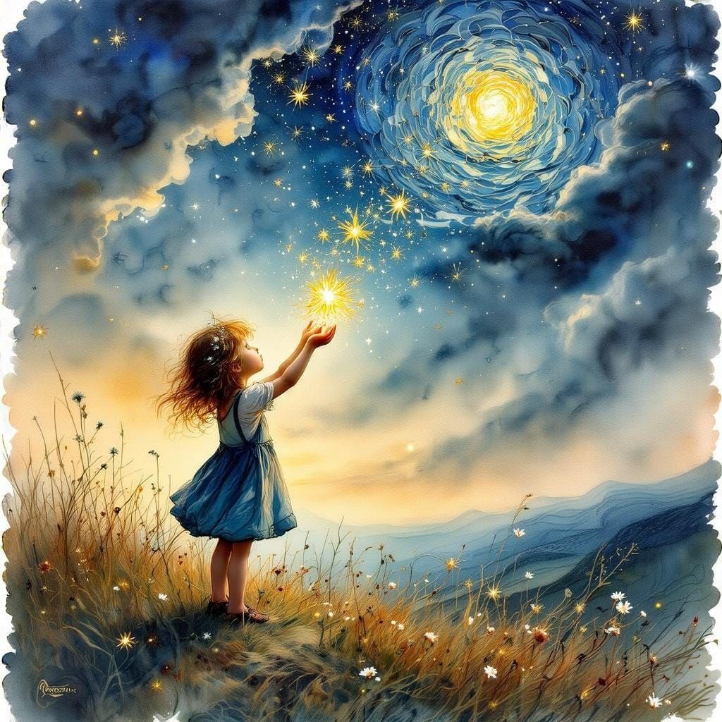 Little Girl Reaches for Starlight in a Majestic Storm