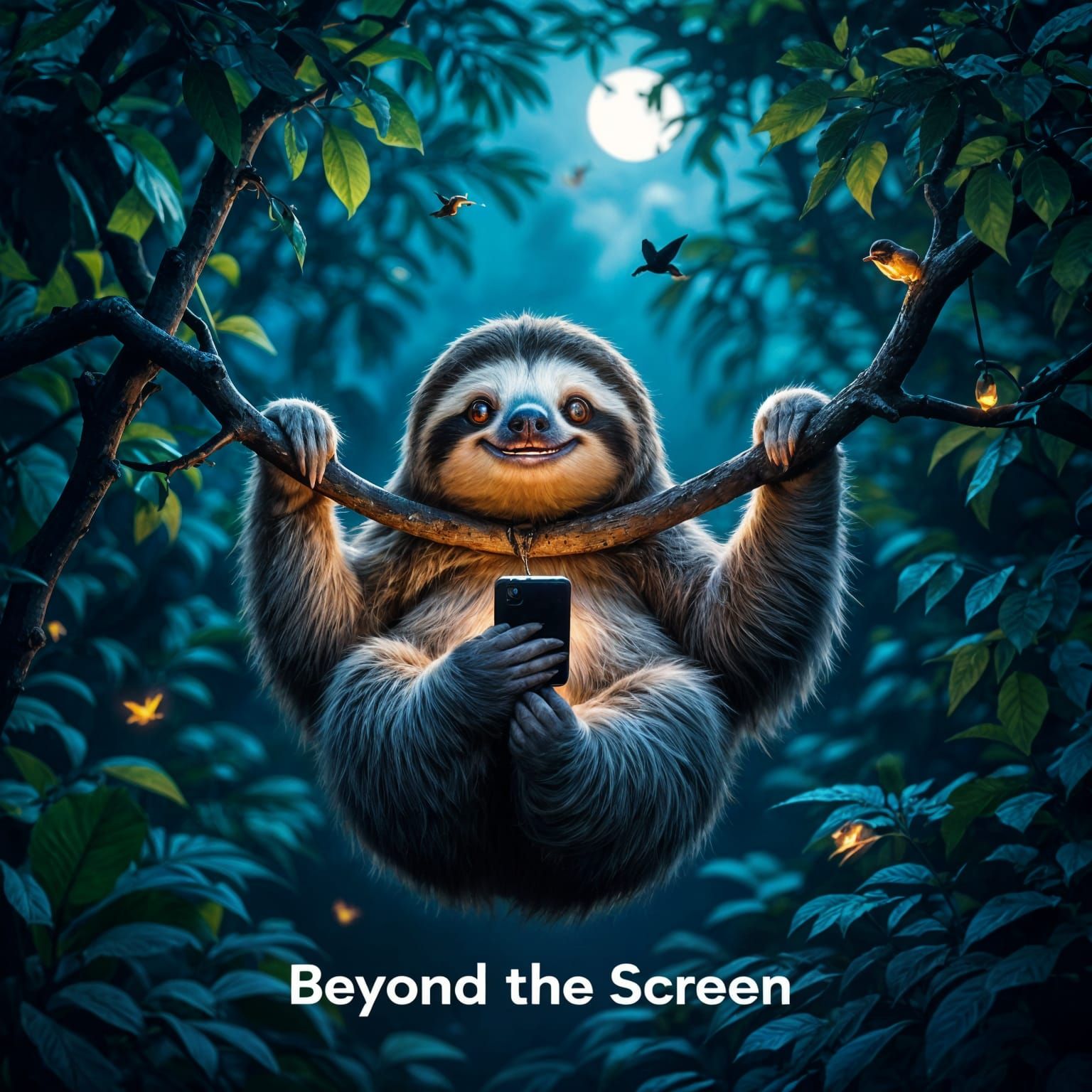 Hyperrealistic Sloth on Tropical Tree with Smartphone