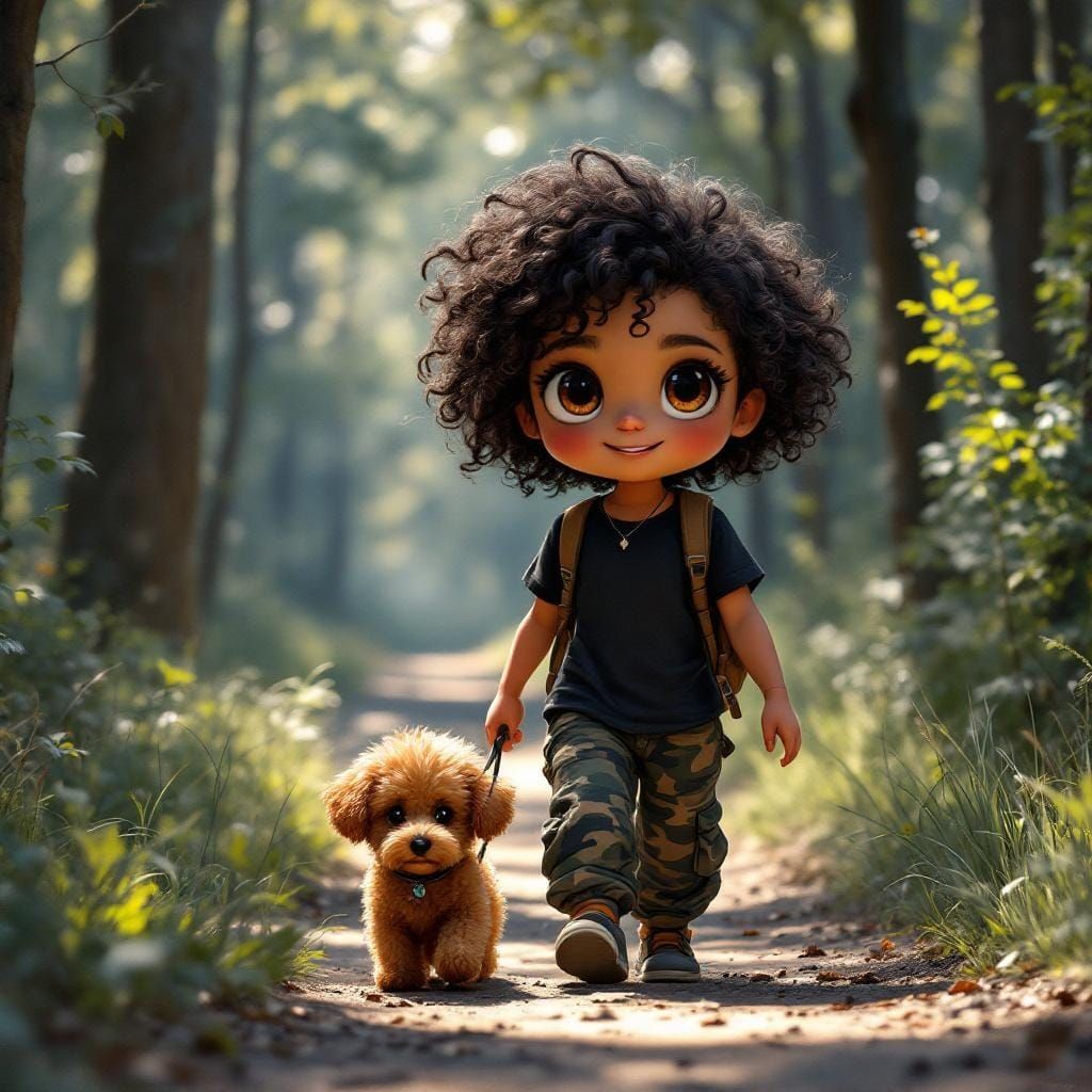 Chibi Woman and Poodle on Forest Path, Oil Painting
