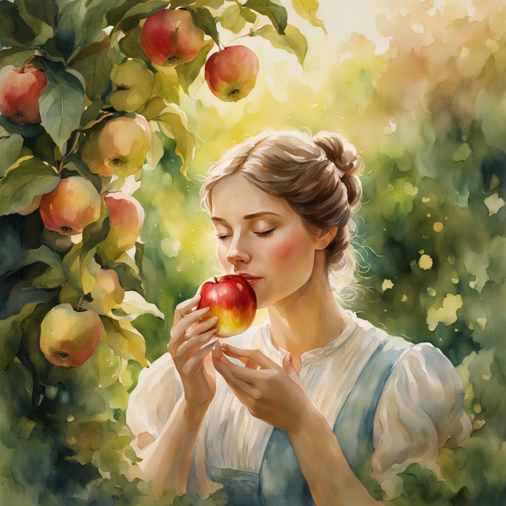 Whimsical Watercolour Portrait of a Woman Eating an Apple in...
