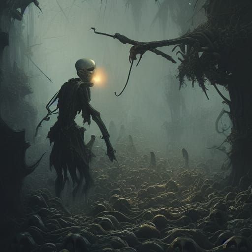 Skeletons Harvest Opium Pods: Dark Fantasy Art
