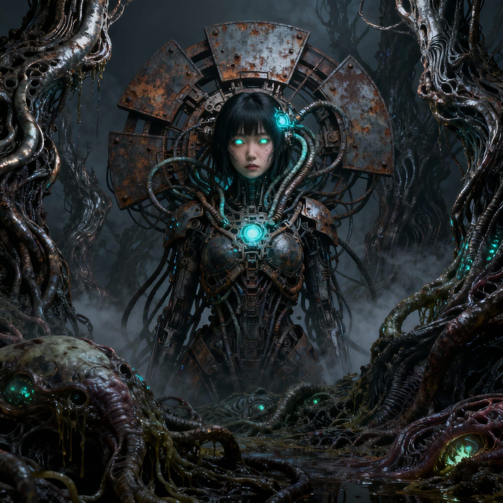 Eerie Biomechanical Woman in Surreal Landscape