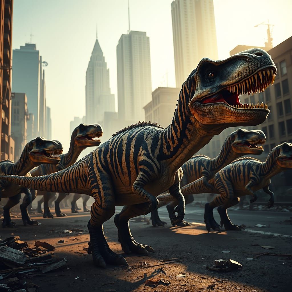 Zebra Striped T-Rex Herd in Hyperrealistic Urban Scene