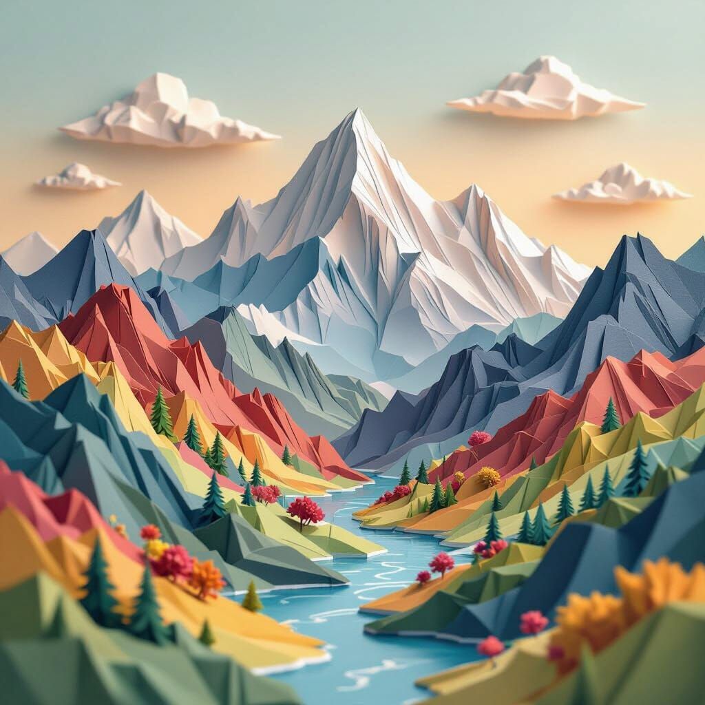 Origami Mountain Landscape in Papercraft Style