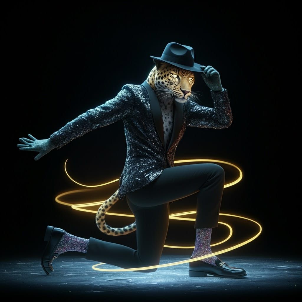 Glowing Leopard Humanoid Performs Smooth Dance on Lunar Surf...