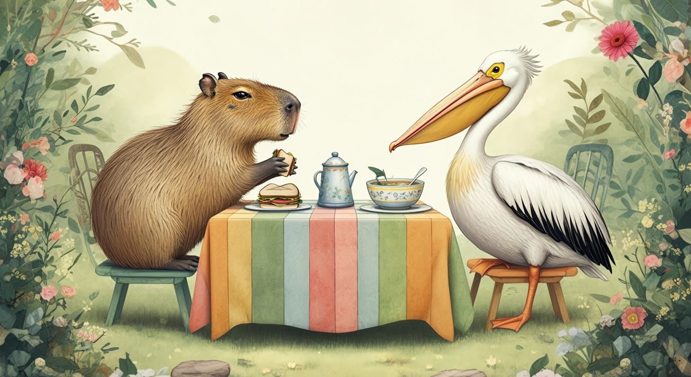 Capybara and Pelican Enjoy a Whimsical Picnic