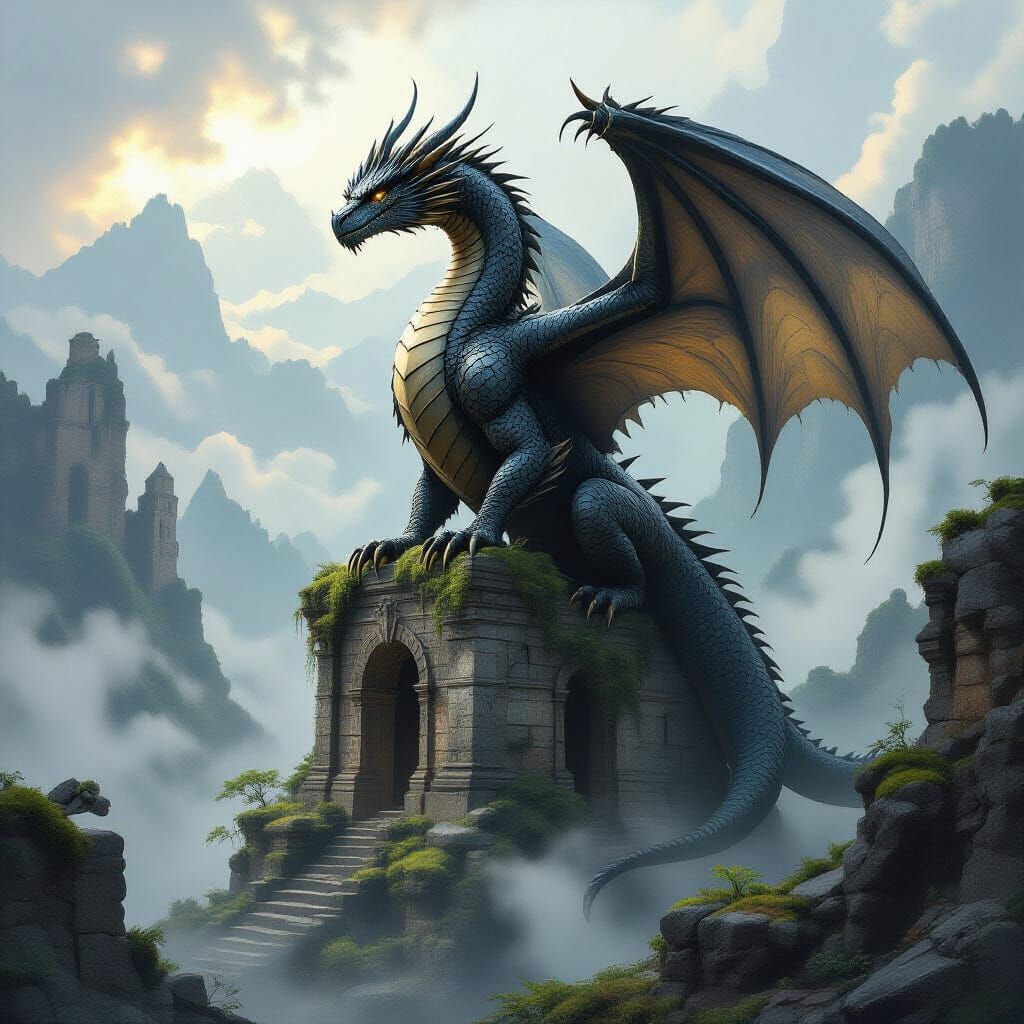 Ancient Obsidian Dragon on Ruined Fortress