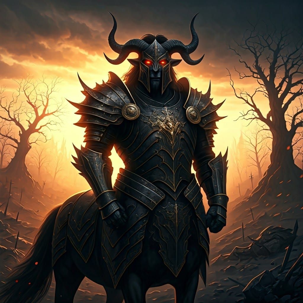 Centaur Warrior in Black Armor on Battlefield