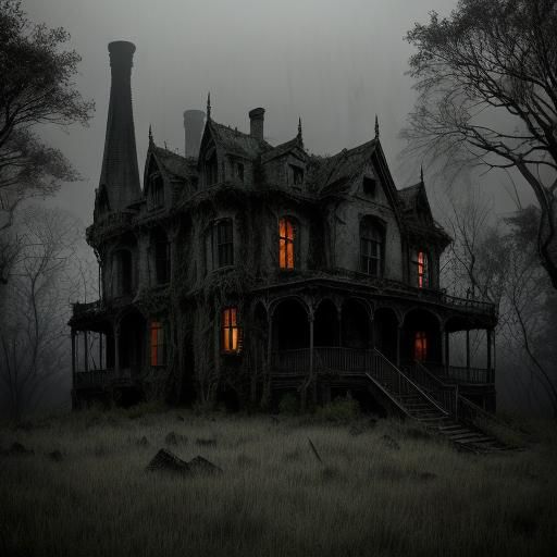 Eerie Haunted House with Shadowy Figure, in Dark Surrealism