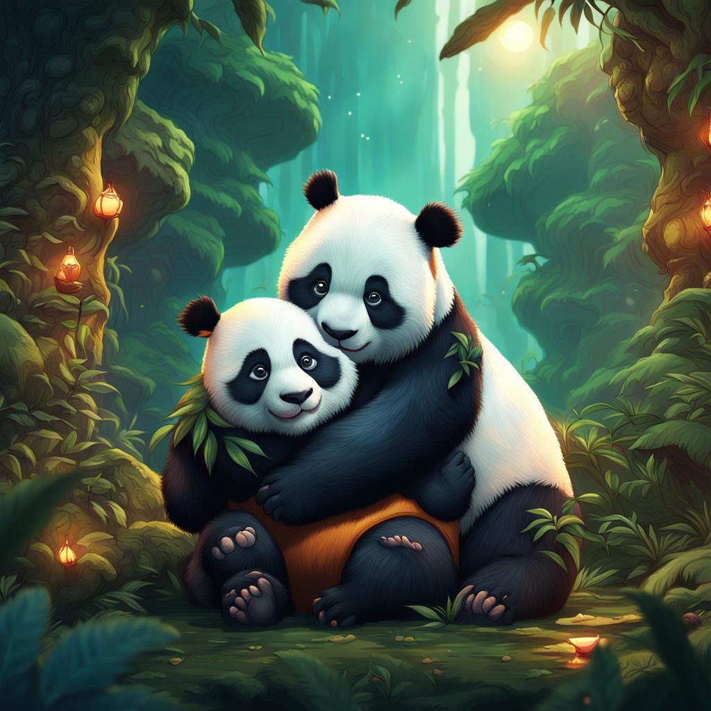 Panda and Best Friend Hug in Jungle Painting