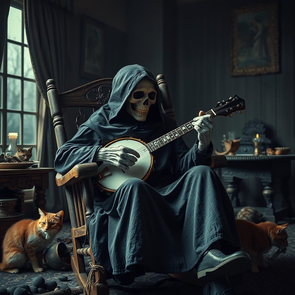 Relaxed Grim Reaper Plays Banjo with Cats