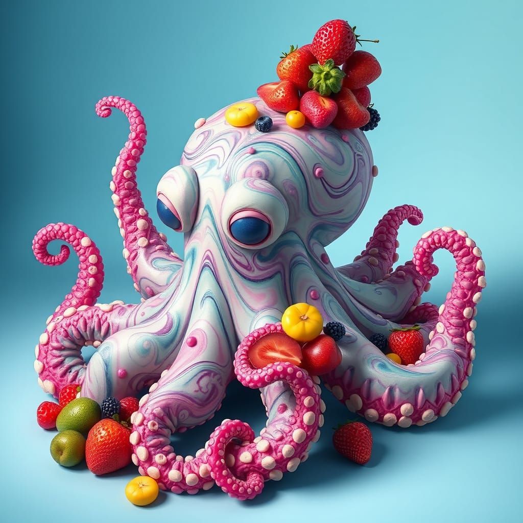 Whimsical Cake Octopus in Dreamlike Pop-Surrealist Style