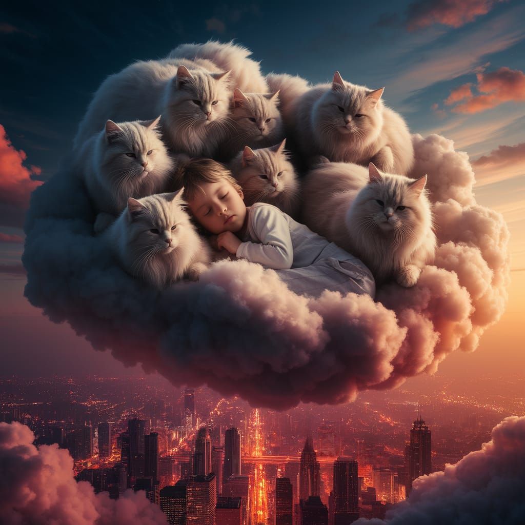 Child Sleeping on Cloud with Cats Over Cityscape