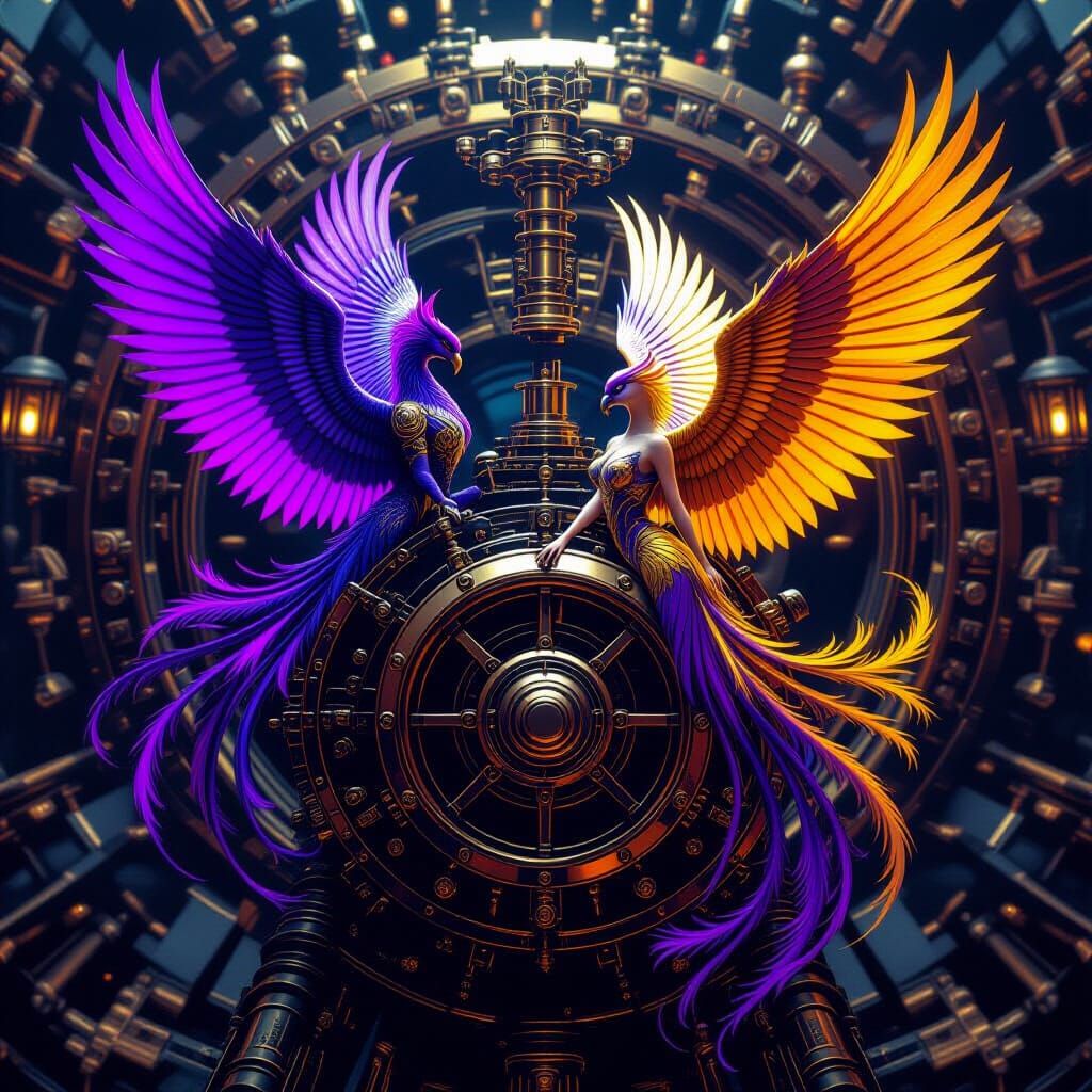 Steampunk Phoenix Figures in Dark Fantasy Style