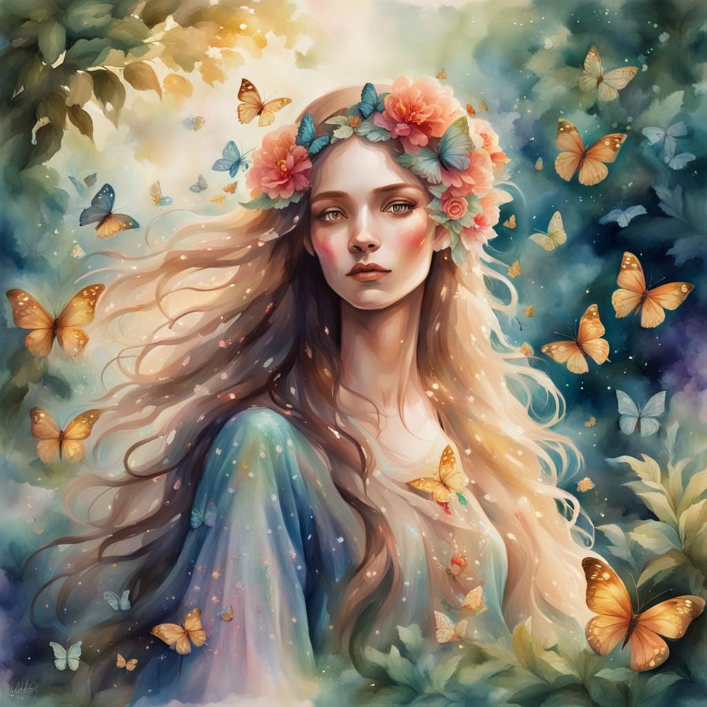 Ethereal Woman in a Dreamy Watercolor Fantasy Portrait