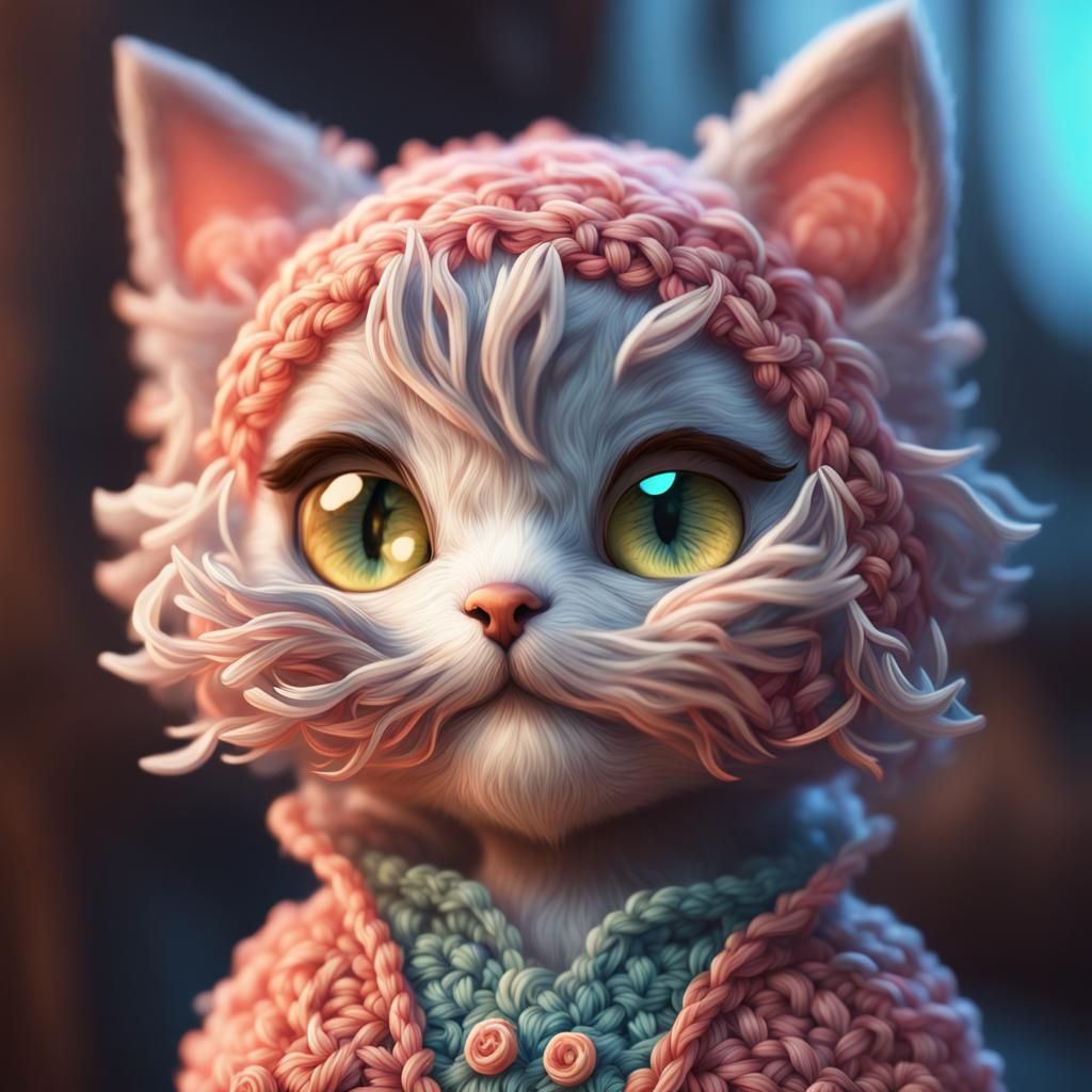 Cute Crocheted Kitten Portrait in Digital Art Style