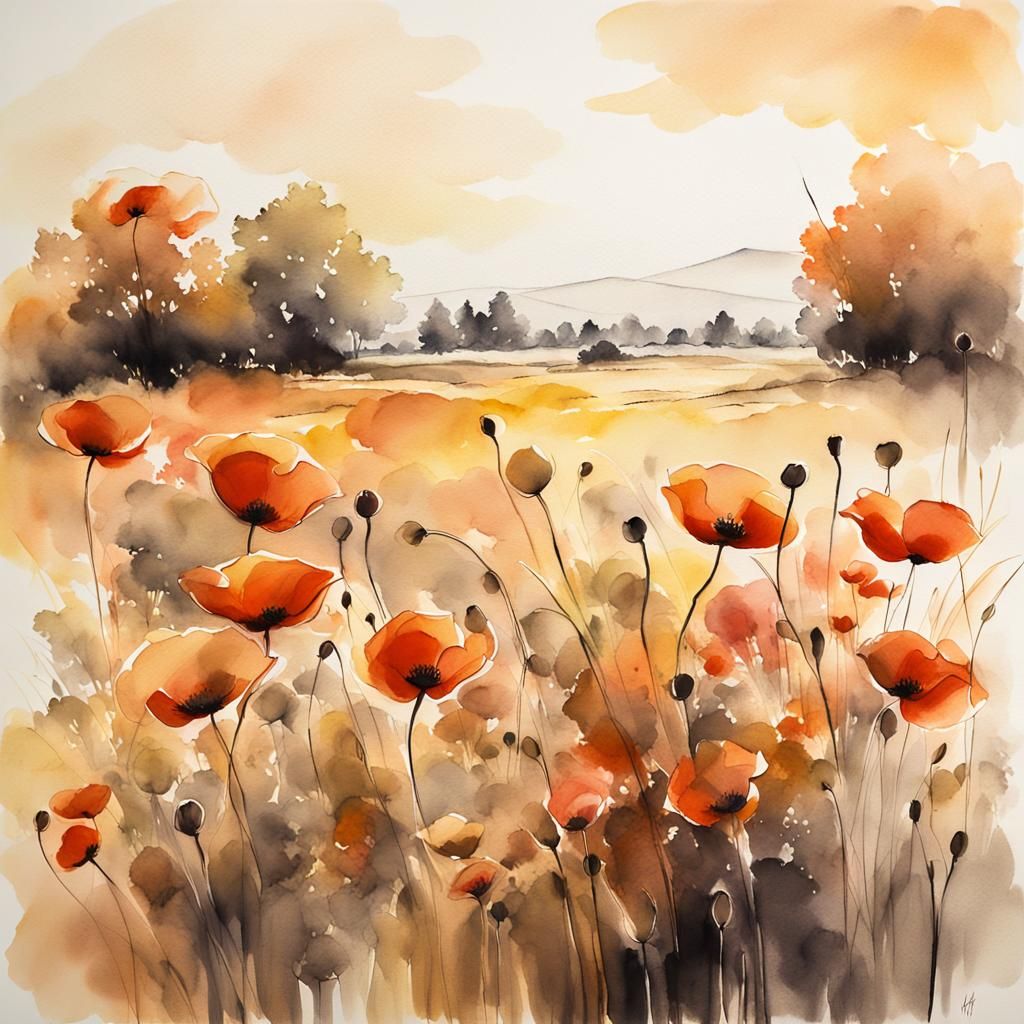 Poppies in Autumn Field: Ink and Wash Painting