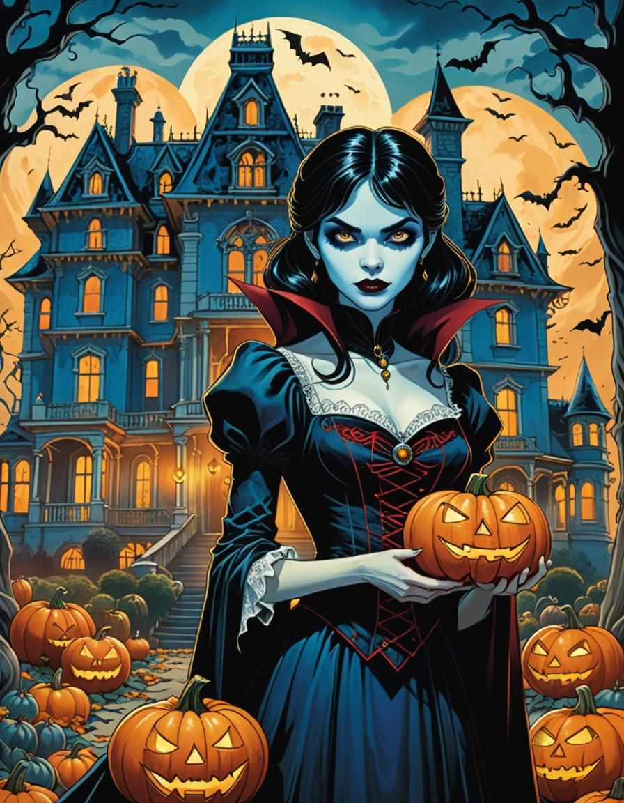 Female Vampire Mavis with Pumpkins, Comic Book Art