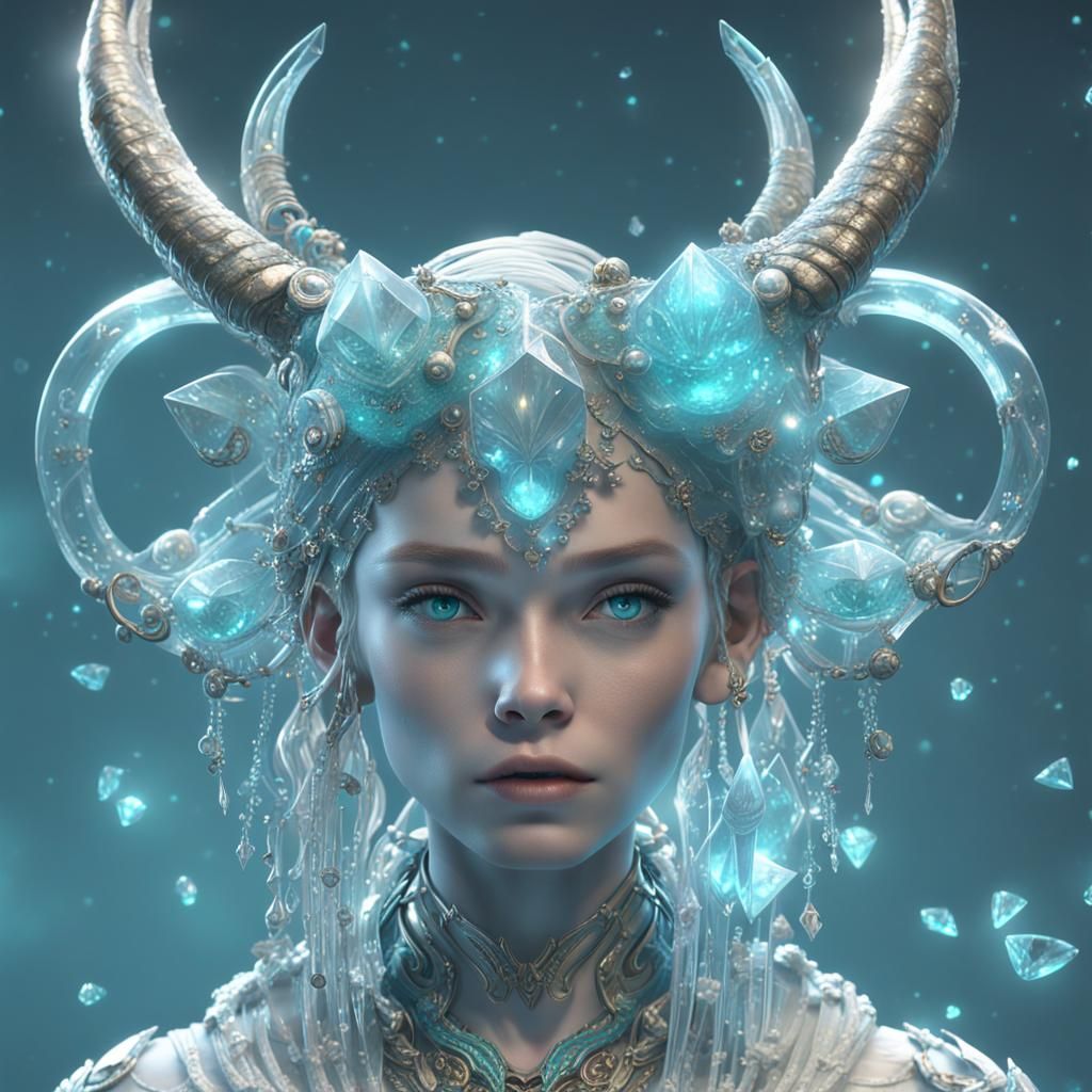 Ethereal Crystal Woman with Aquamarine Eyes in 3D