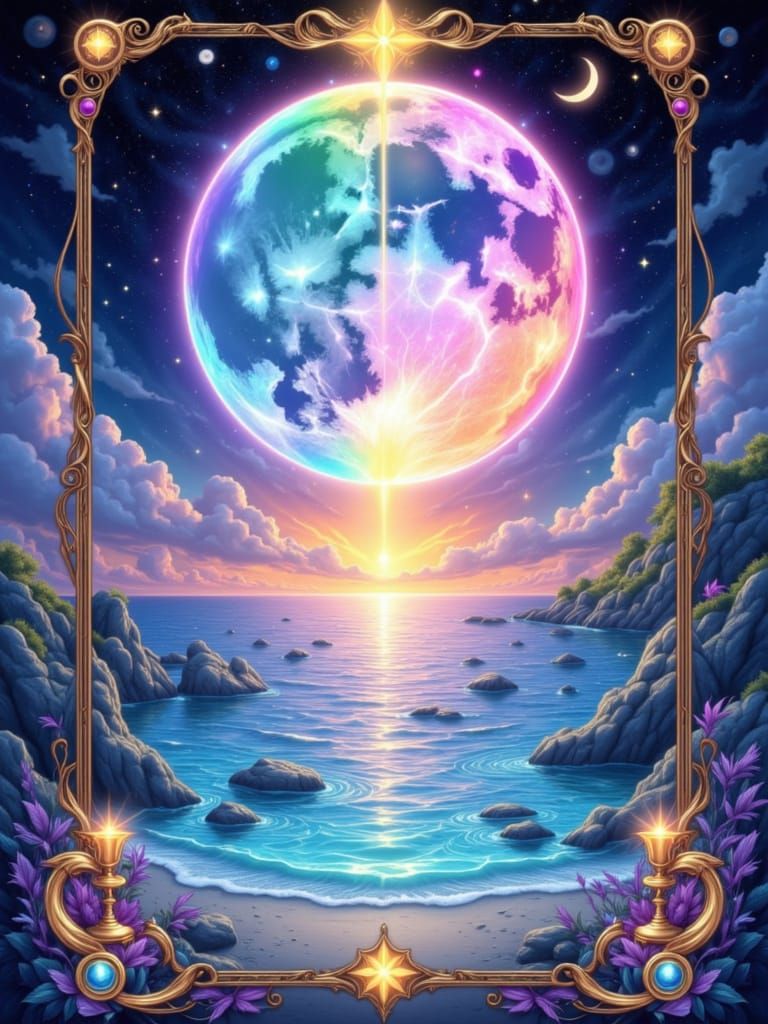 Ethereal Tarot Card: Glowing Moon Over Mystical Ocean