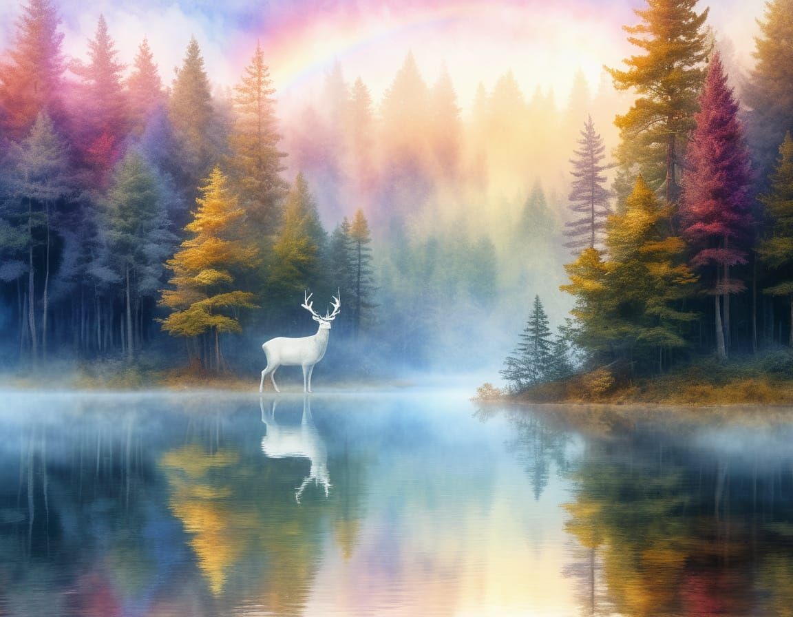 White Deer in Rainbow Woods: Dreamy Watercolor Art