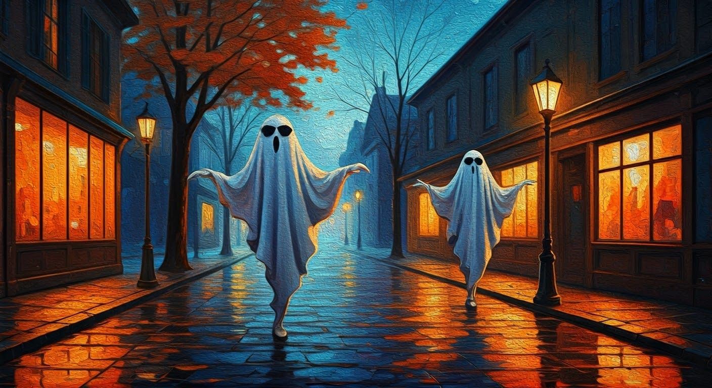 Ghosts Dancing in Autumn Town: Neo-Impressionist Painting
