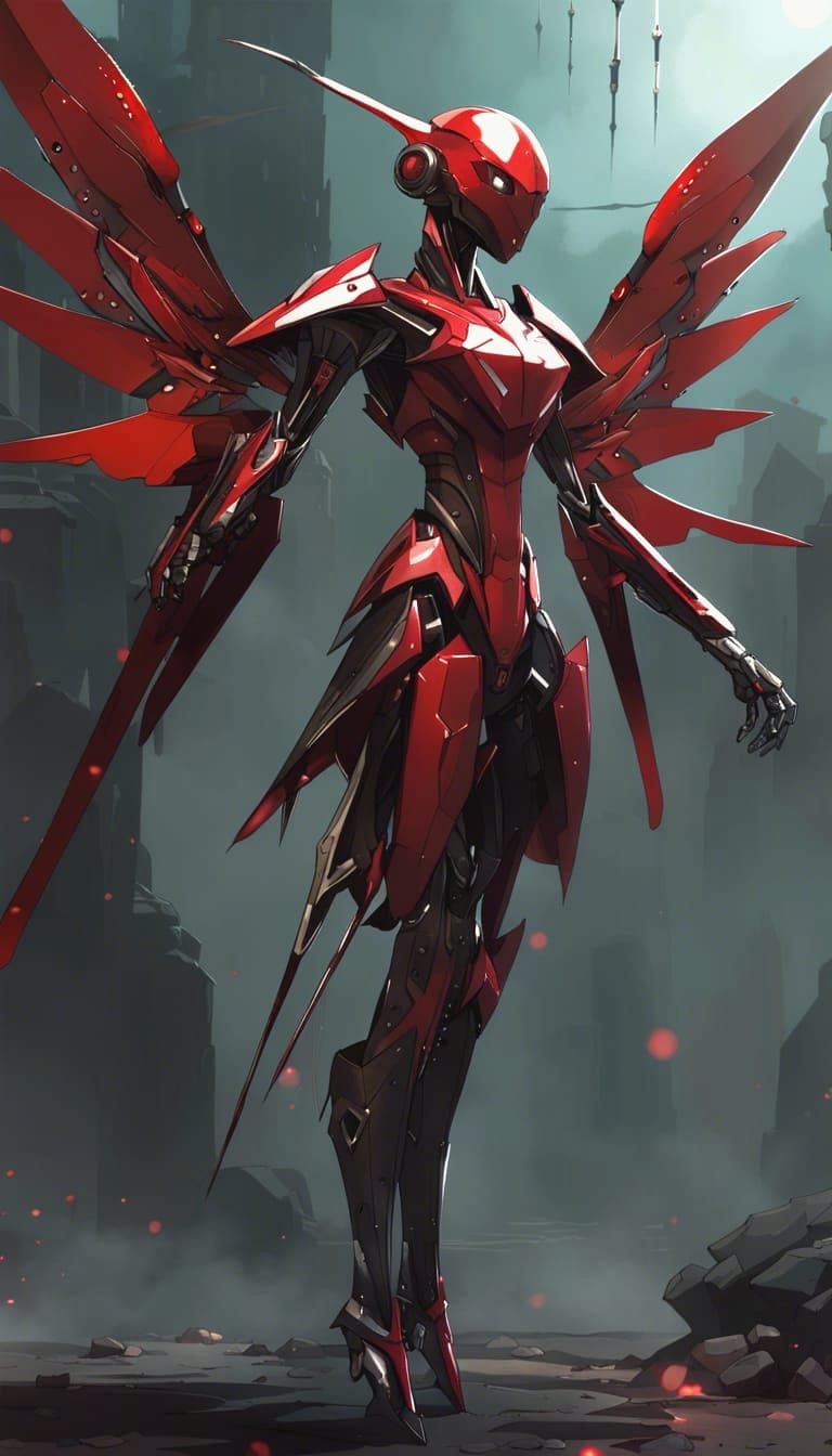 Sleek Female Mecha with Red Wings in Epic Battle
