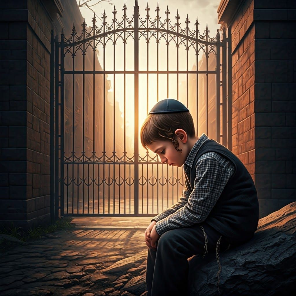 Young Hasidic Boy Sits Beside Closed Gate, Exuding Sorrow an...