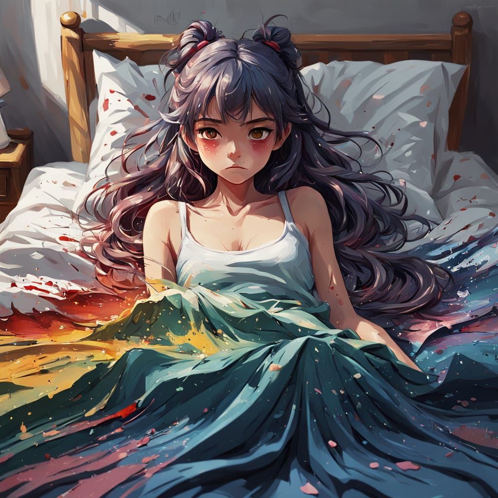 Sulky Anime Girl Emerges from Slumber in Neo-Expressionist O...