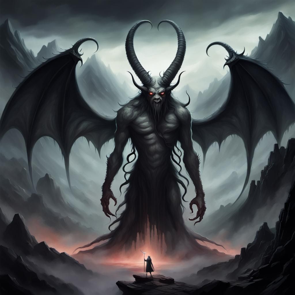 Lovecraftian Demon Confrontation in Infernal Landscape