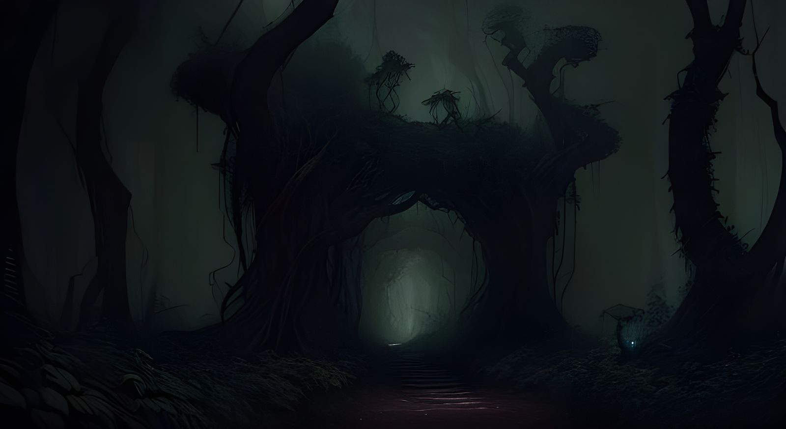 Creepy Forest Path at Night in Digital Painting
