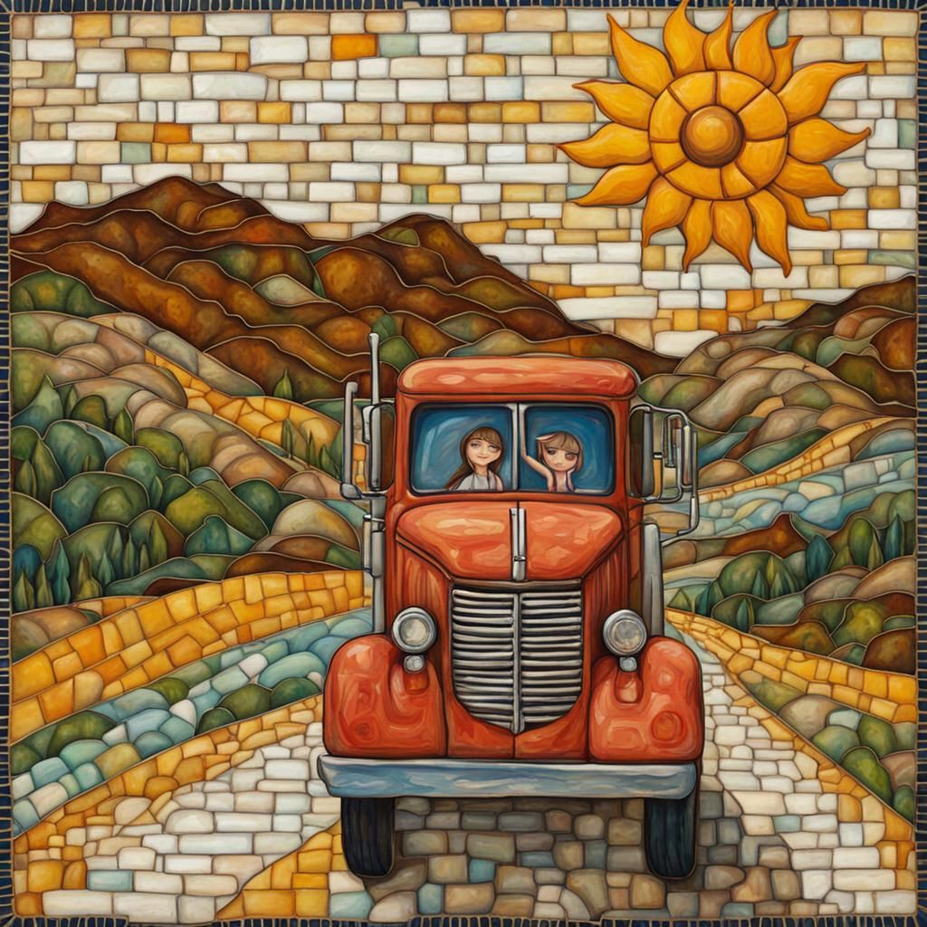 Truck Driver on Mountain Road in Majolica Style