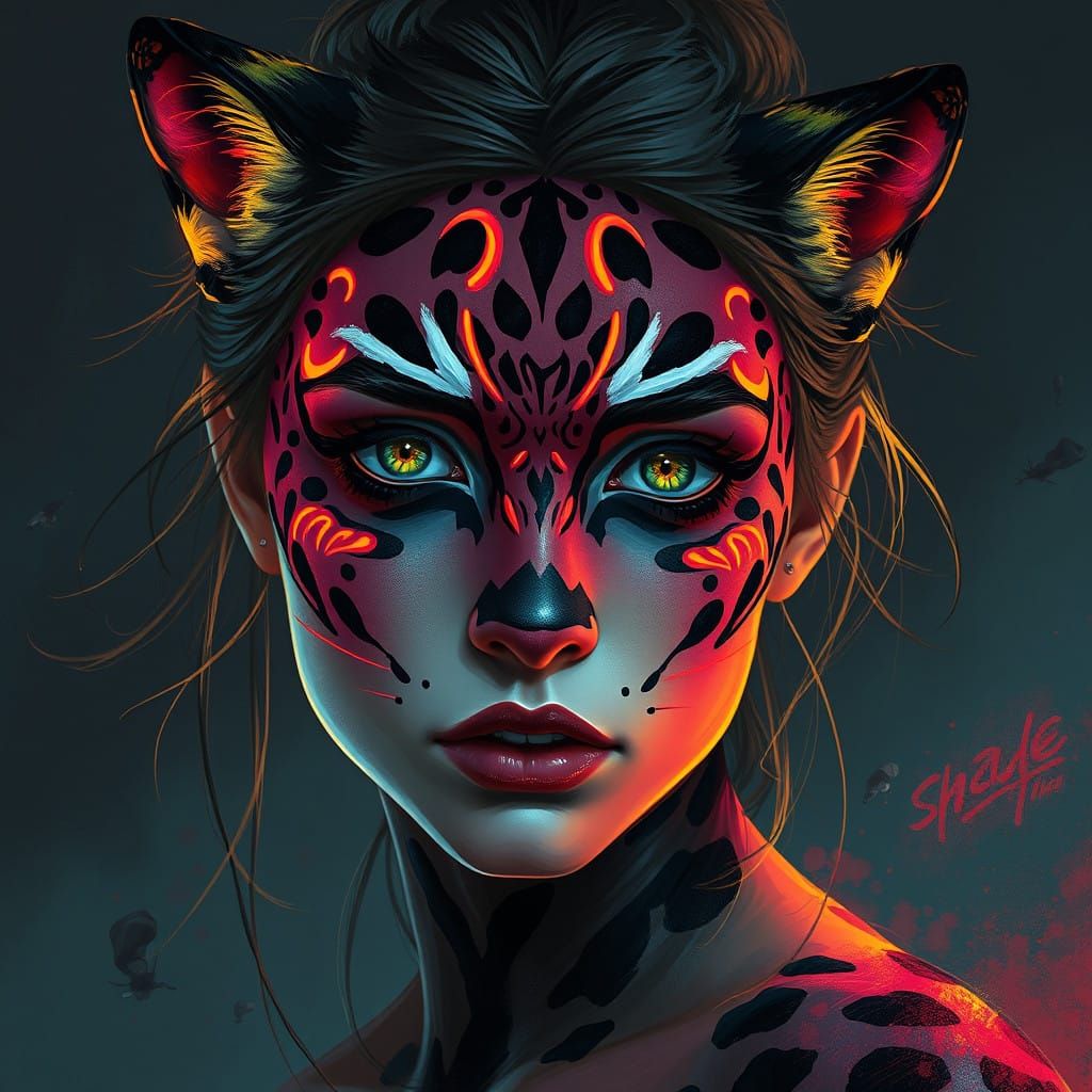 Girl with Panther-Inspired Neon Makeup