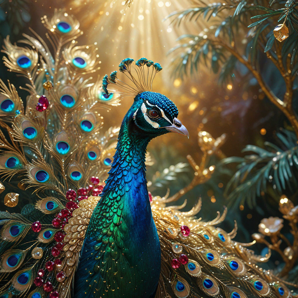 Elegant Blue Peacock Showcases Ruby Splendor
