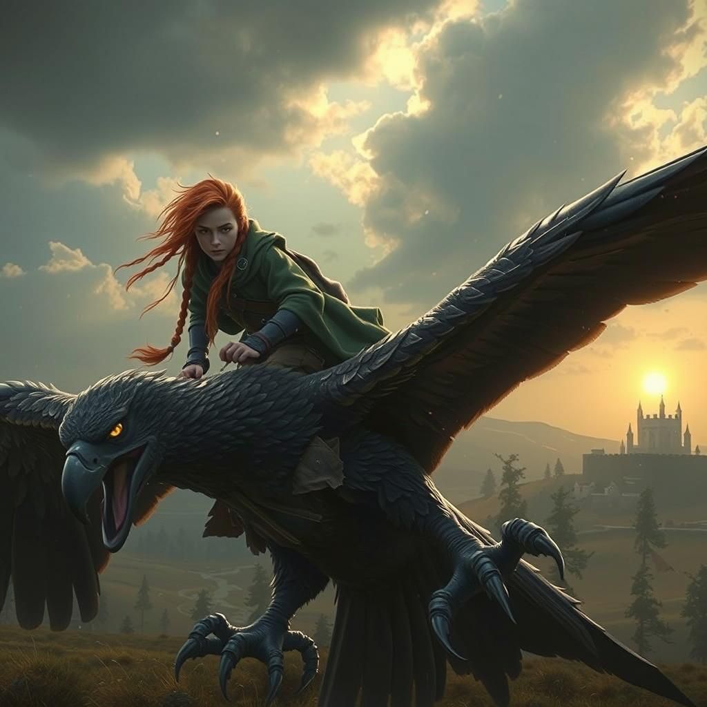 Redhead Rogue on Bird Mount, Fantasy Artwork