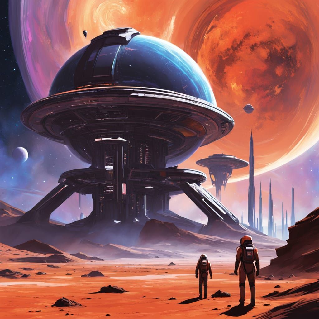 Space Adventurers Stand Amidst Alien Wonders, Gazing Up at S...