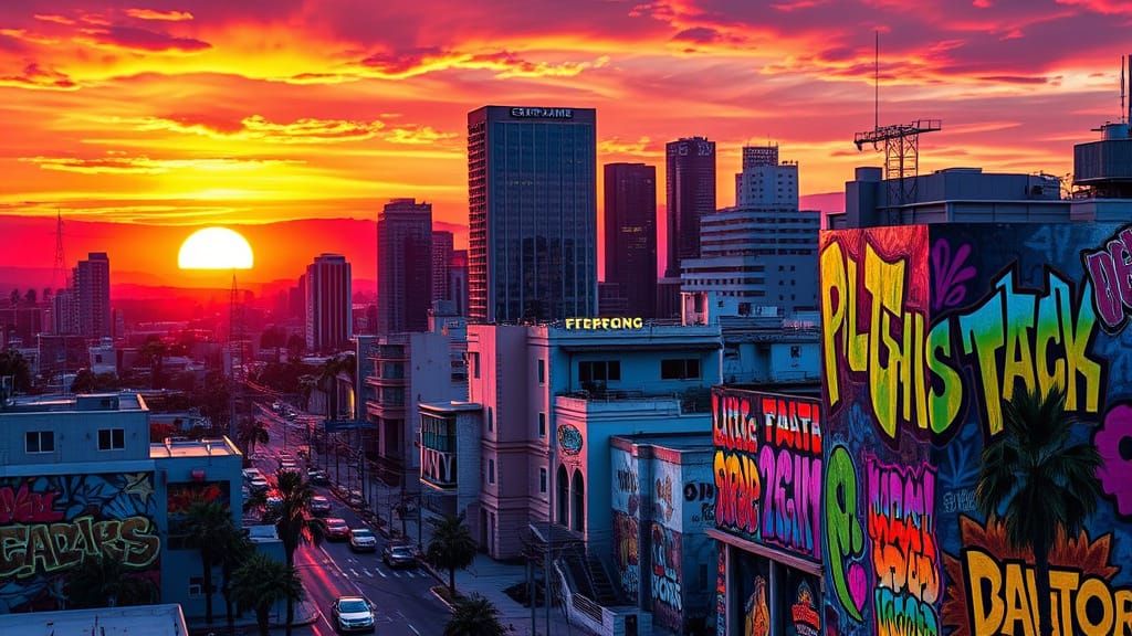 Vibrant 80s Los Angeles Cityscape at Sunset