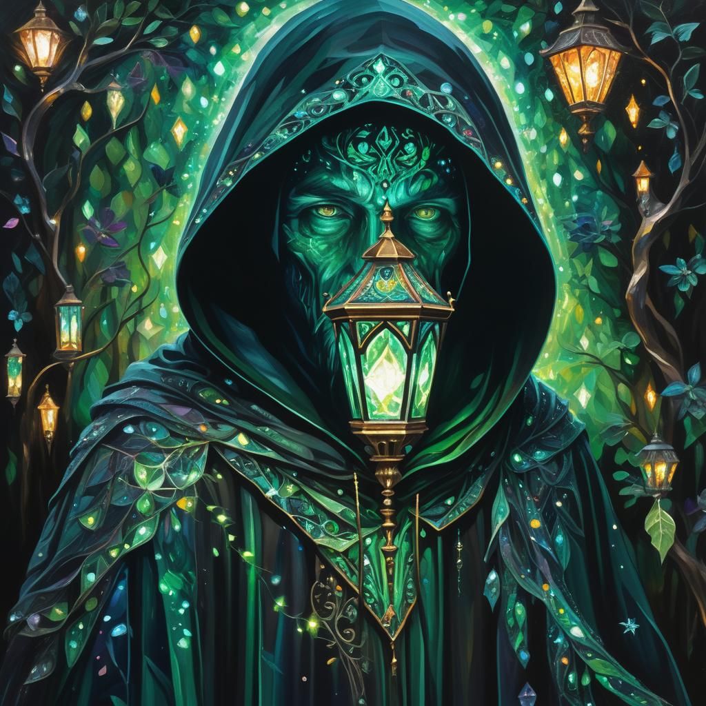 Hooded Figure in Mystical Garden: Neo-Expressionist Oil Pain...