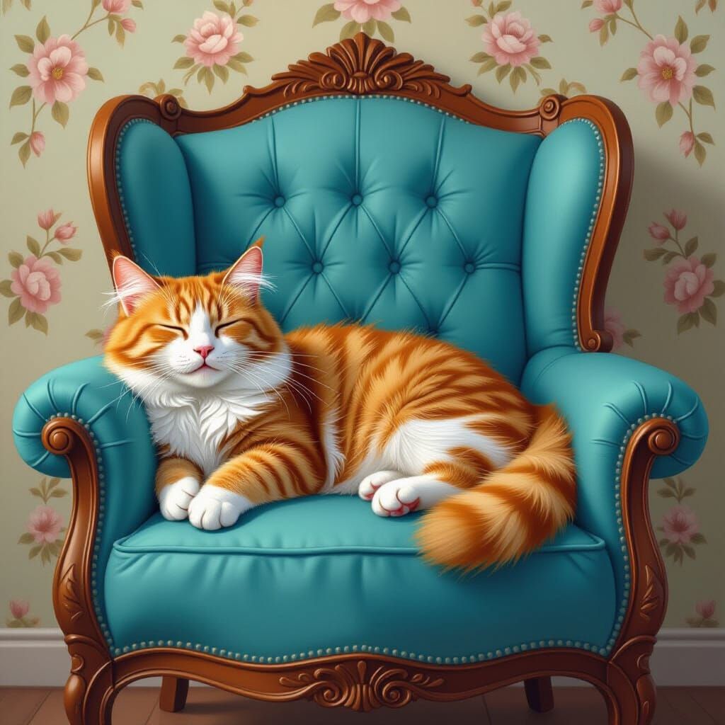 Sleeping Orange Tabby Cat in Floral Frame