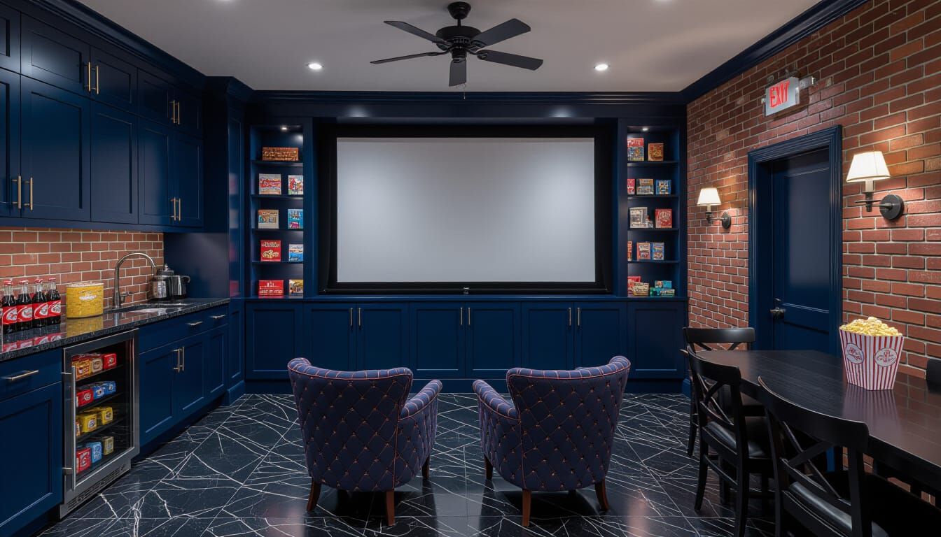 Victorian Home Theater with Dark Blue and Brick Accents