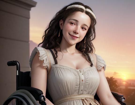 Smiling Person in Wheelchair at Sunset: Realistic Portrait