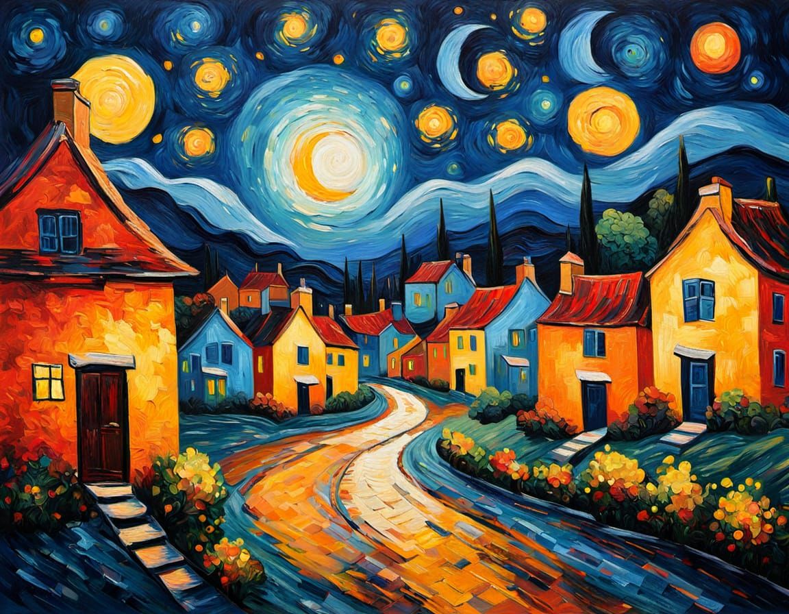 Starry Night Village Landscape in Van Gogh Style