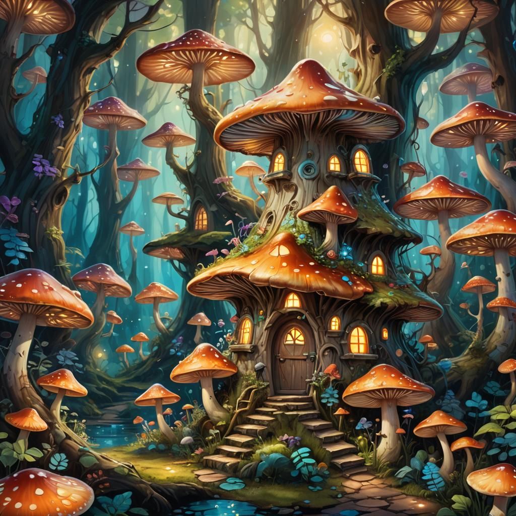 Glowing Fairy Mushroom House in Bioluminescent Forest