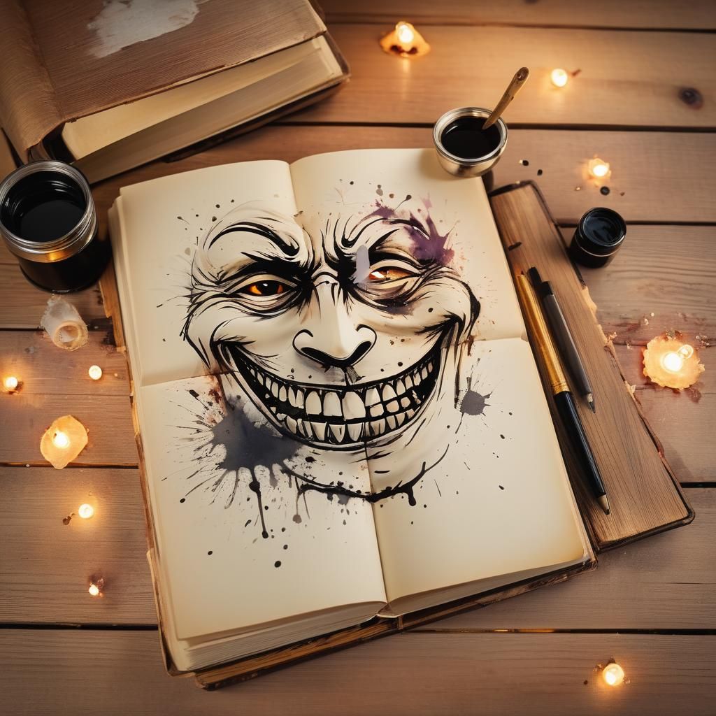 Evil Face Grinning from Ink Splatter on Book