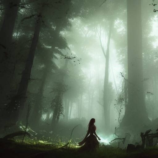 Bleeding Woman in Dark Forest, Hyperdetailed Art