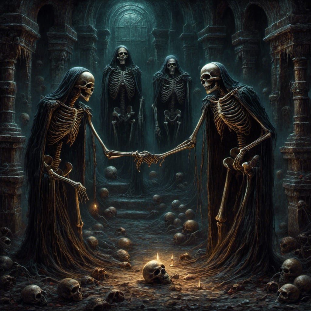 Skeletons Holding Hands in Crypt: Horror Artwork
