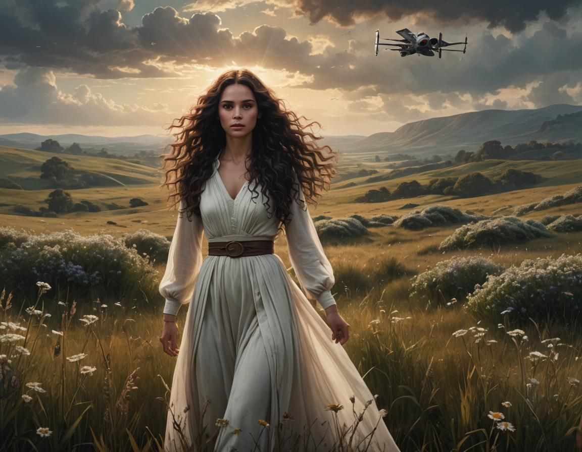 Woman with X-Wing in Meadow: Digital Matte Painting