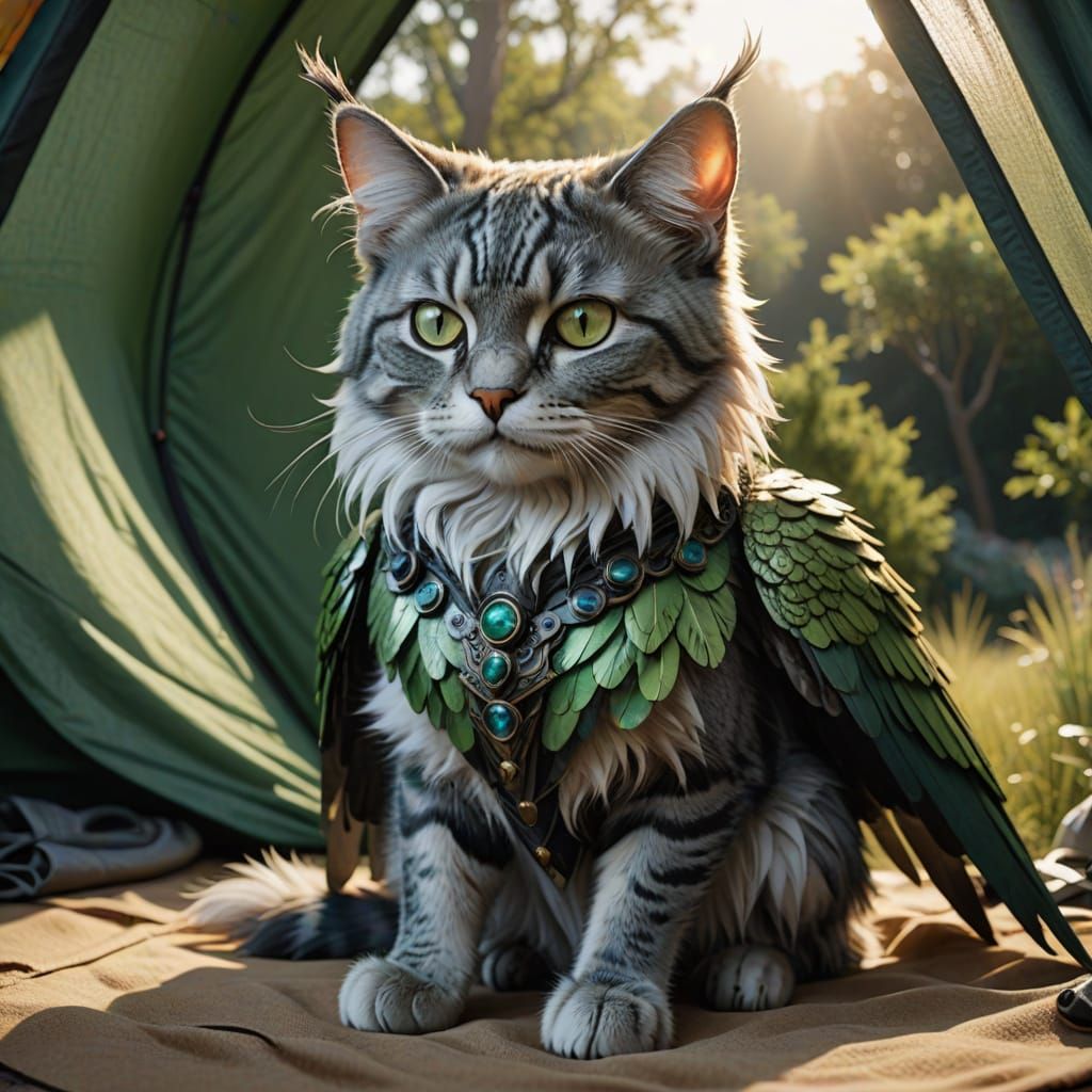 Winged Feline Warrior in Sci-Fi Landscape