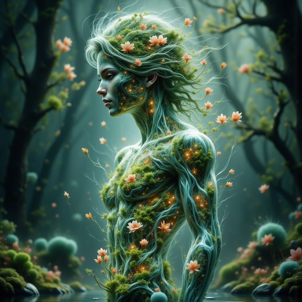 Luminous Glass Man with Internal Ecosystem in 3D Art