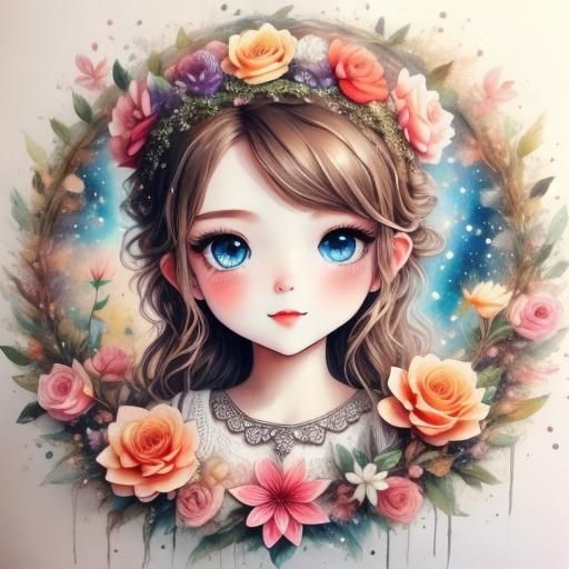Charming Watercolour Chibi Portrait with Flower Crown
